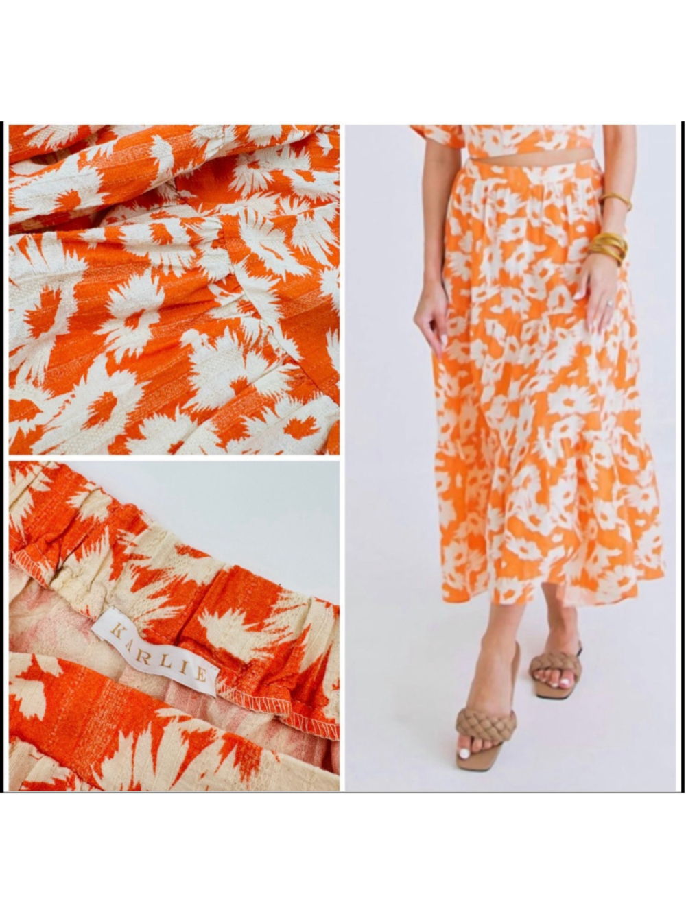 Karlie Orange White Floral Tiered Maxi Skirt M